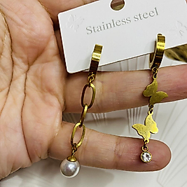 BAYAN ÇELİK ŞIK KELEBEK İNCİ DETAYLI KÜPE