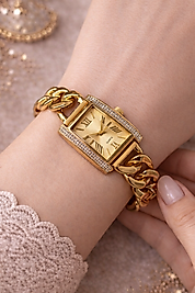 Şık Bayan Zincirli Taşlı Gold Kol Saati