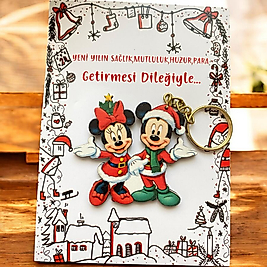 Yeni Yıl Mickey Minnie Ahşap Anahtarlık