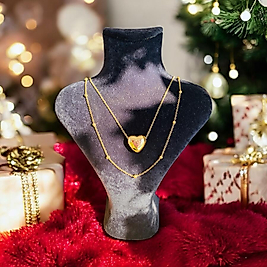 BAYAN ÇELİK KALPLİ ÇİFT ZİNCİRLİ KOLYE