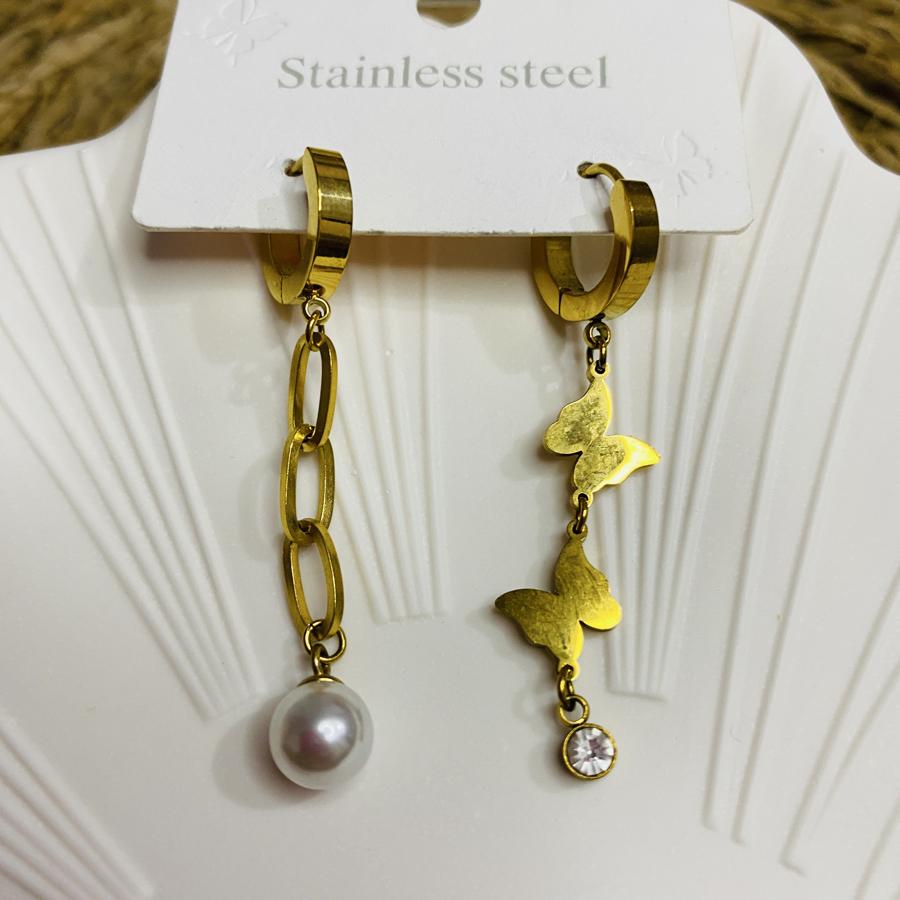 BAYAN ÇELİK ŞIK KELEBEK İNCİ DETAYLI KÜPE