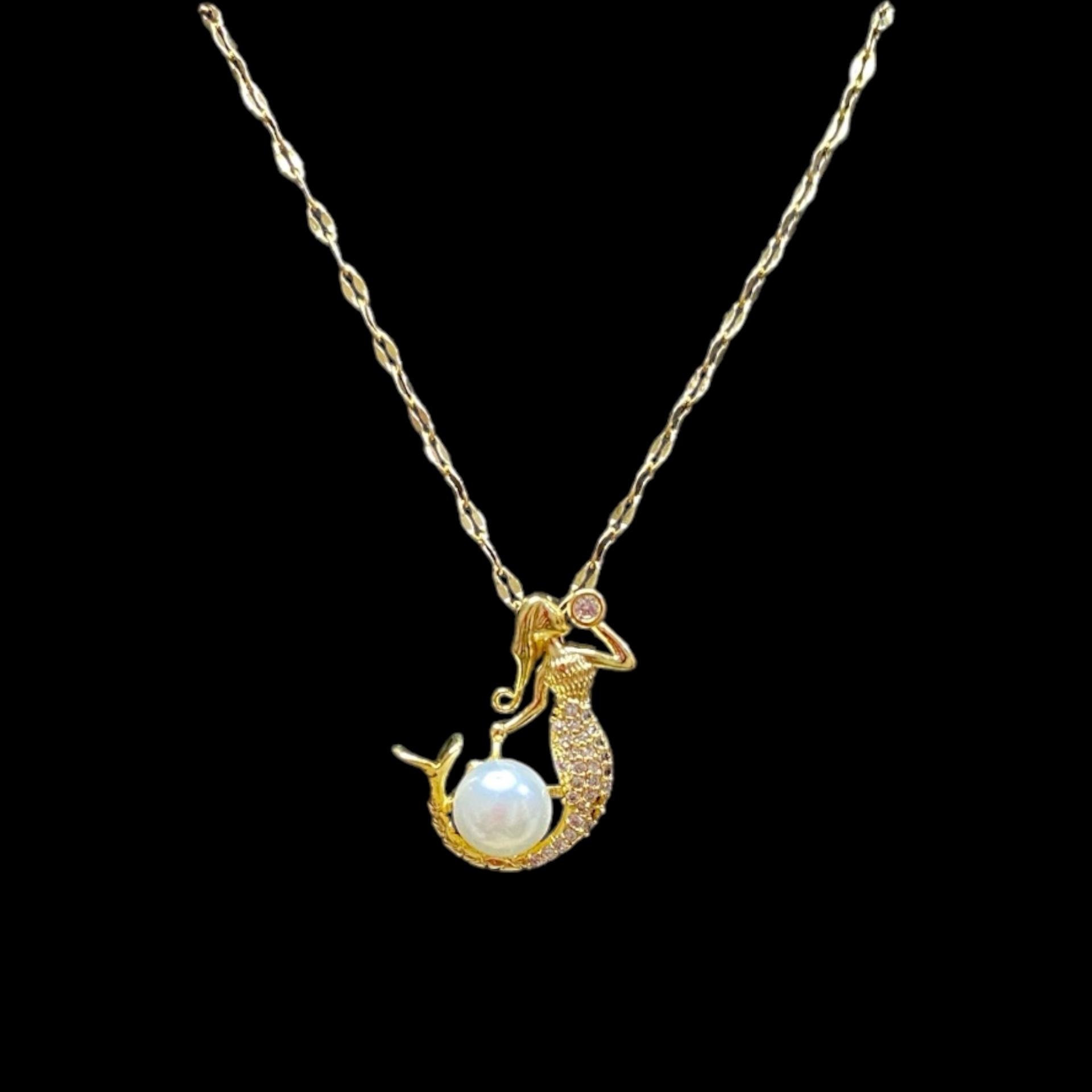 BAYAN DENİZ KIZI TEMAL İNCİ DETAYLI ÇELİK KOLYE