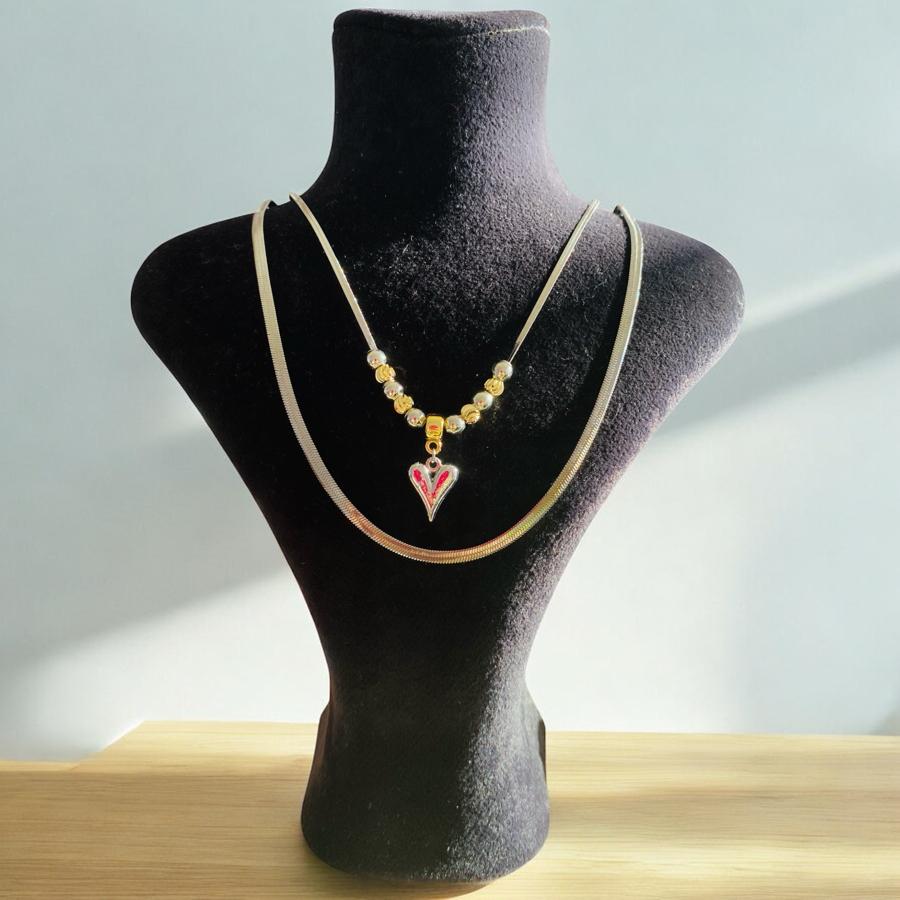 BAYAN ŞIK ÇİFT ZİNCİRLİ KALP ÇELİK KOLYE