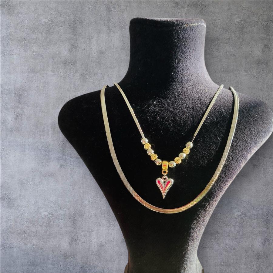 BAYAN ŞIK ÇİFT ZİNCİRLİ KALP ÇELİK KOLYE