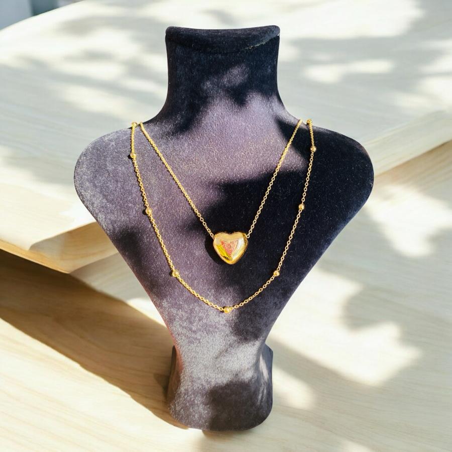 BAYAN ÇELİK KALPLİ ÇİFT ZİNCİRLİ KOLYE