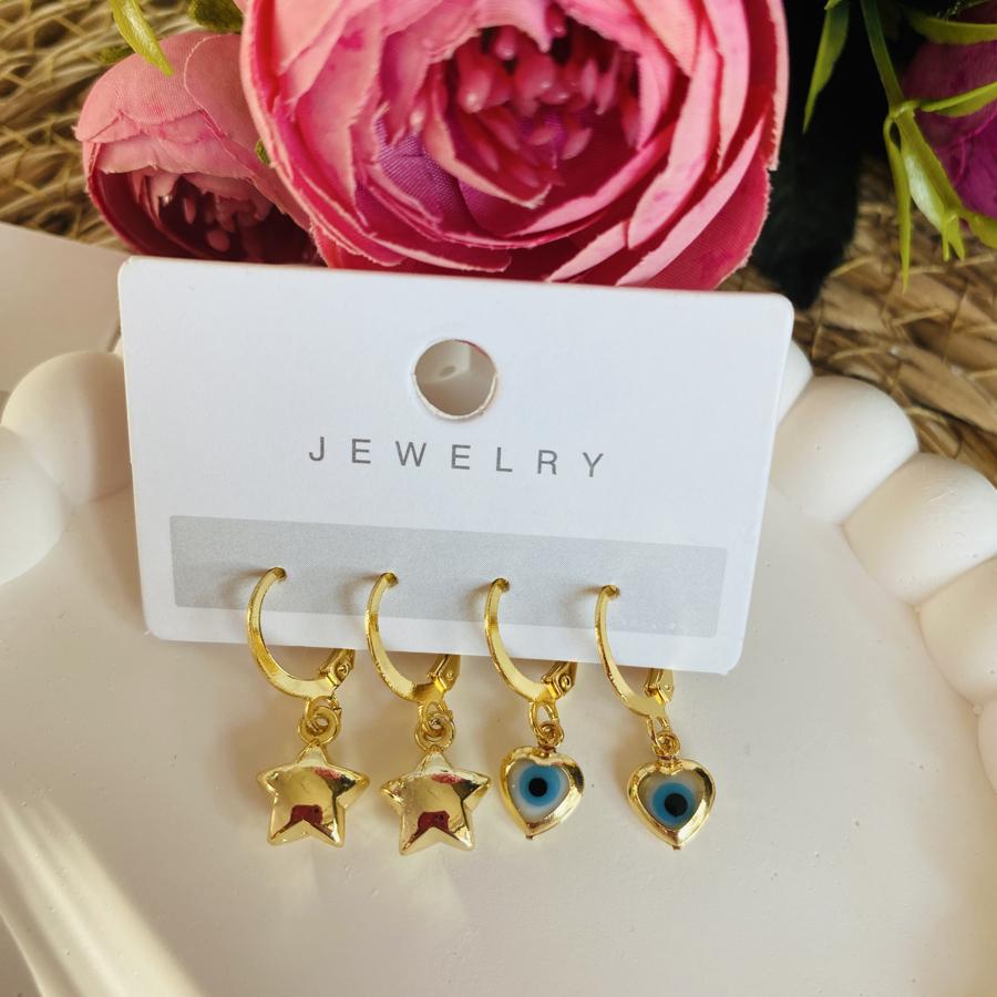 BAYAN YILDIZ VE NAZAR BONCUKLU KALP İKİLİ KÜPE SET