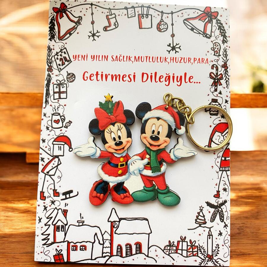 Yeni Yıl Mickey Minnie Ahşap Anahtarlık