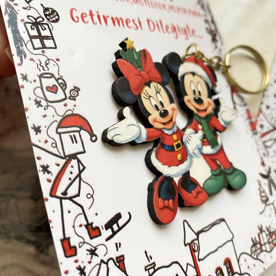 Yeni Yıl Mickey Minnie Ahşap Anahtarlık