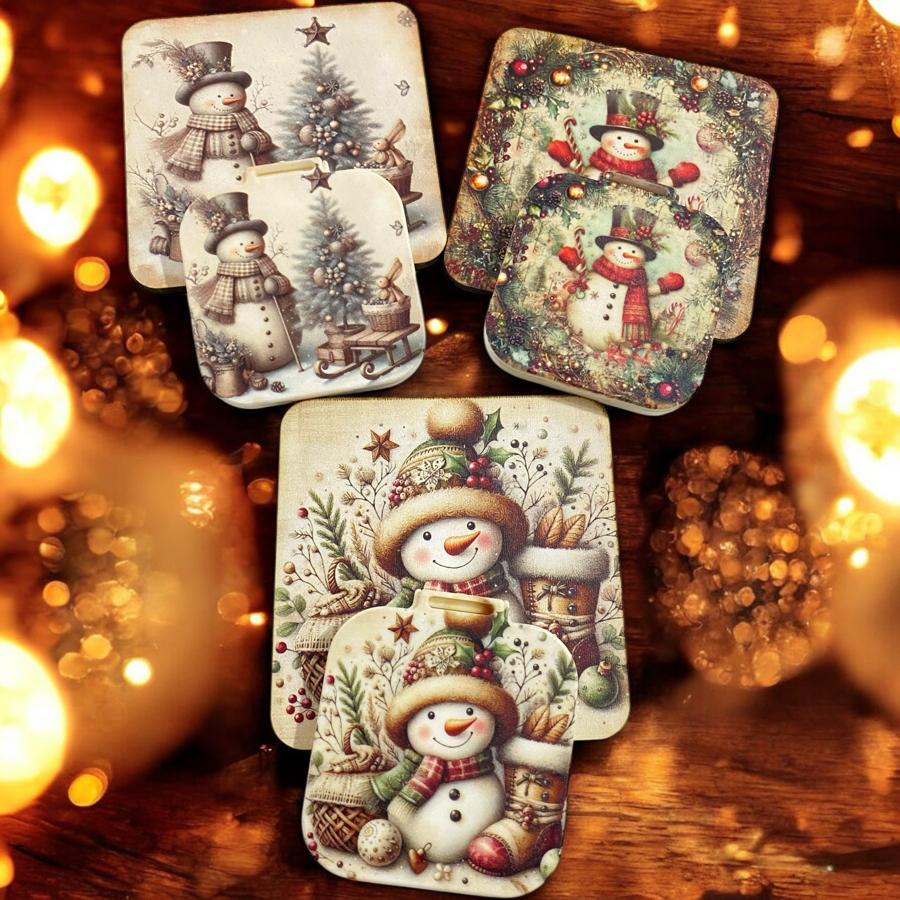 Yeni Yıl Nostalji Ahşap Bardak Altlığı Ayna Set