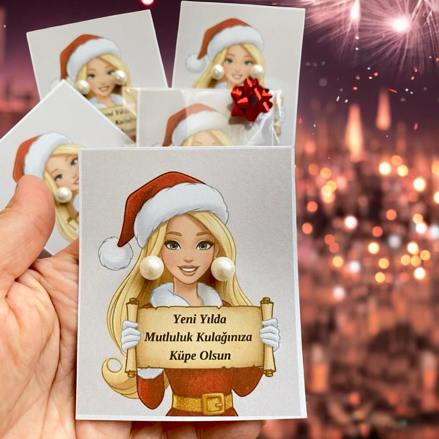 Yeni Yıl Hediyelik Tasarım Kartlı İnci Küpe