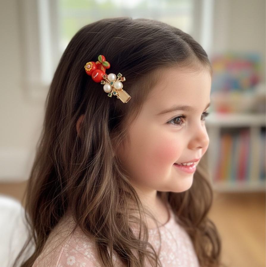 Kız Çocuk Kiraz Taşlı  Pens Toka 1 Çift